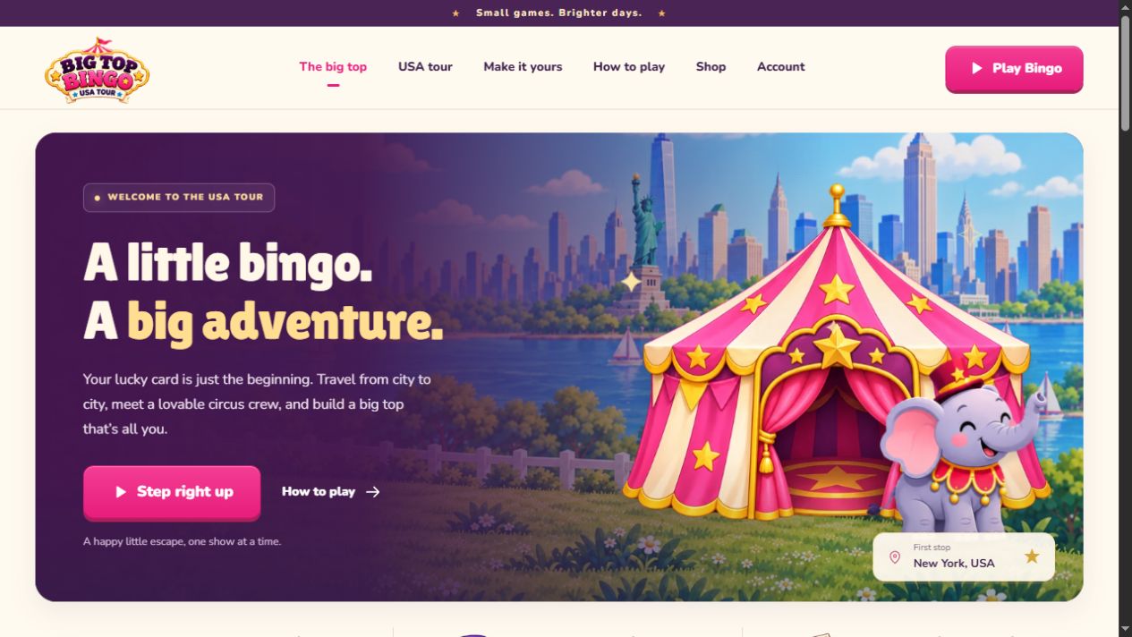 Bigtop Bingo homepage screenshot