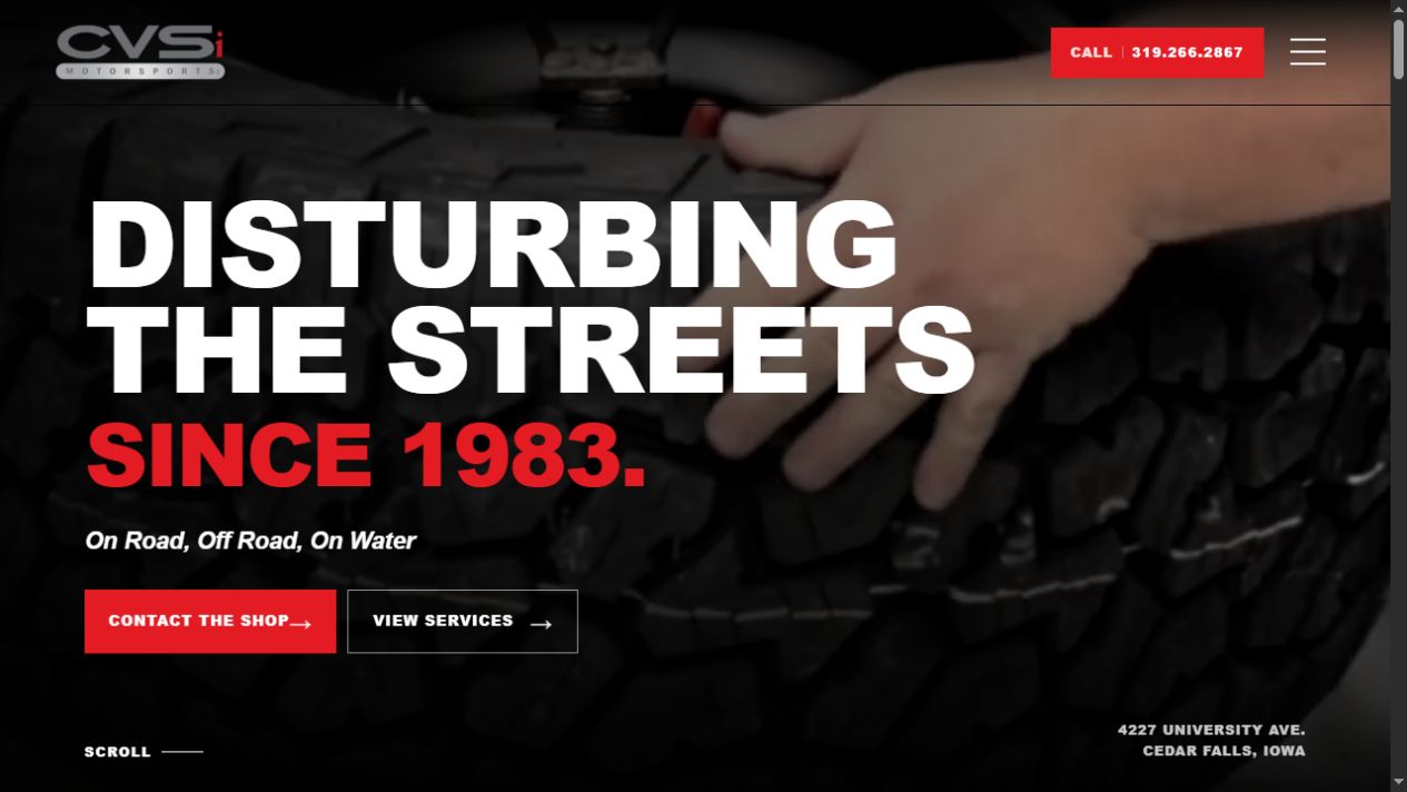 CVSi Motorsports homepage with bold typography over its vehicle video background
